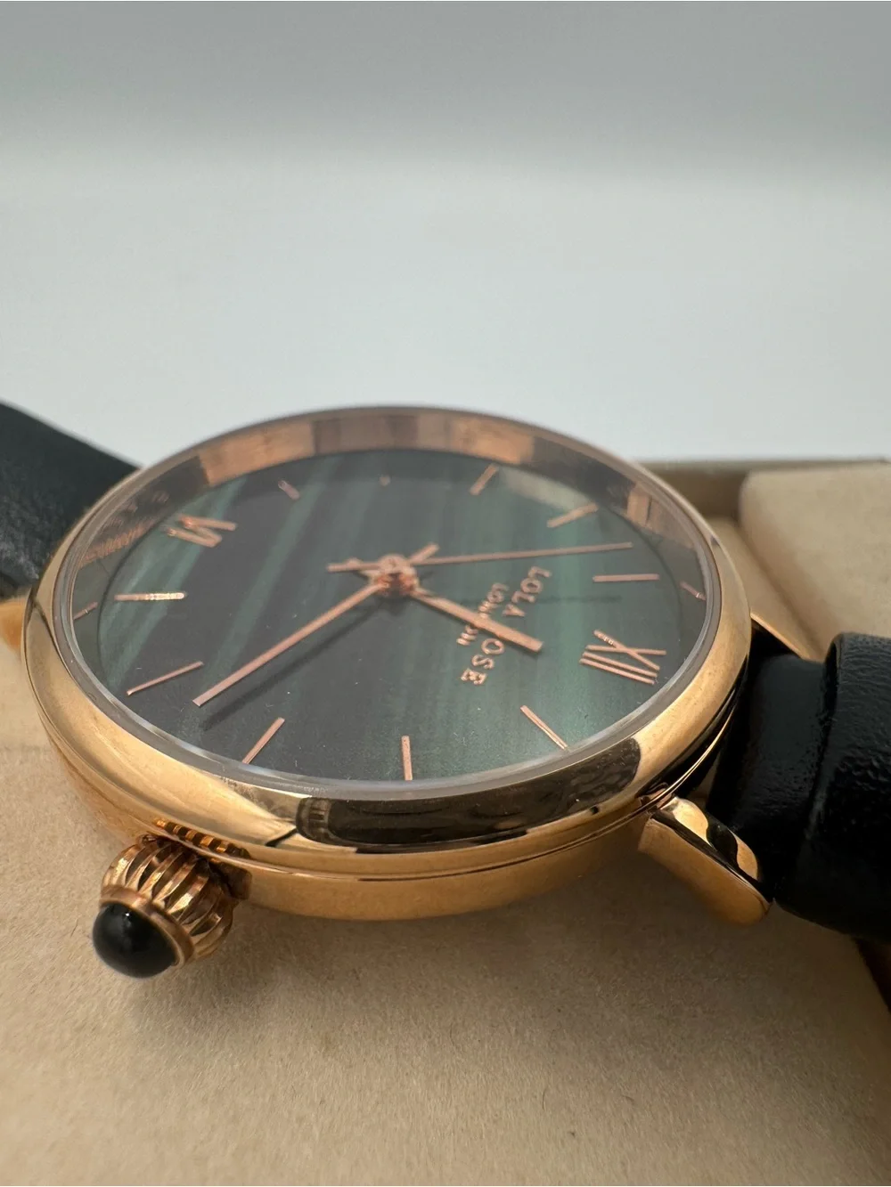 Beautiful Lola Rose Green Dial/ Rose Gold Roman Numeral & black leather strap